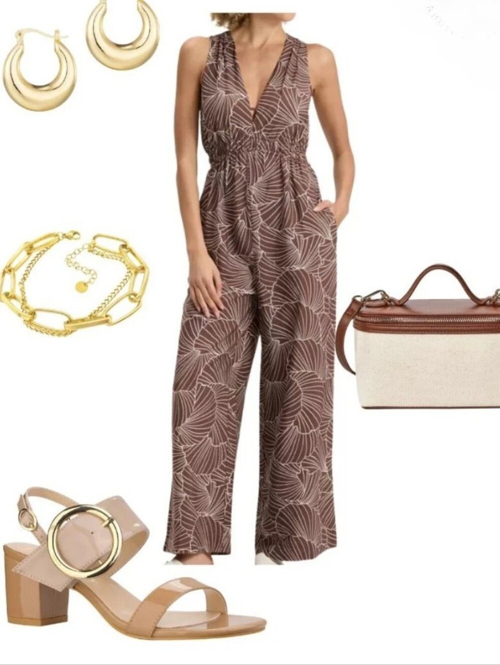 a new day Brown Leaf-Print Sleeveless Wide-Leg Jumpsuit SZ M